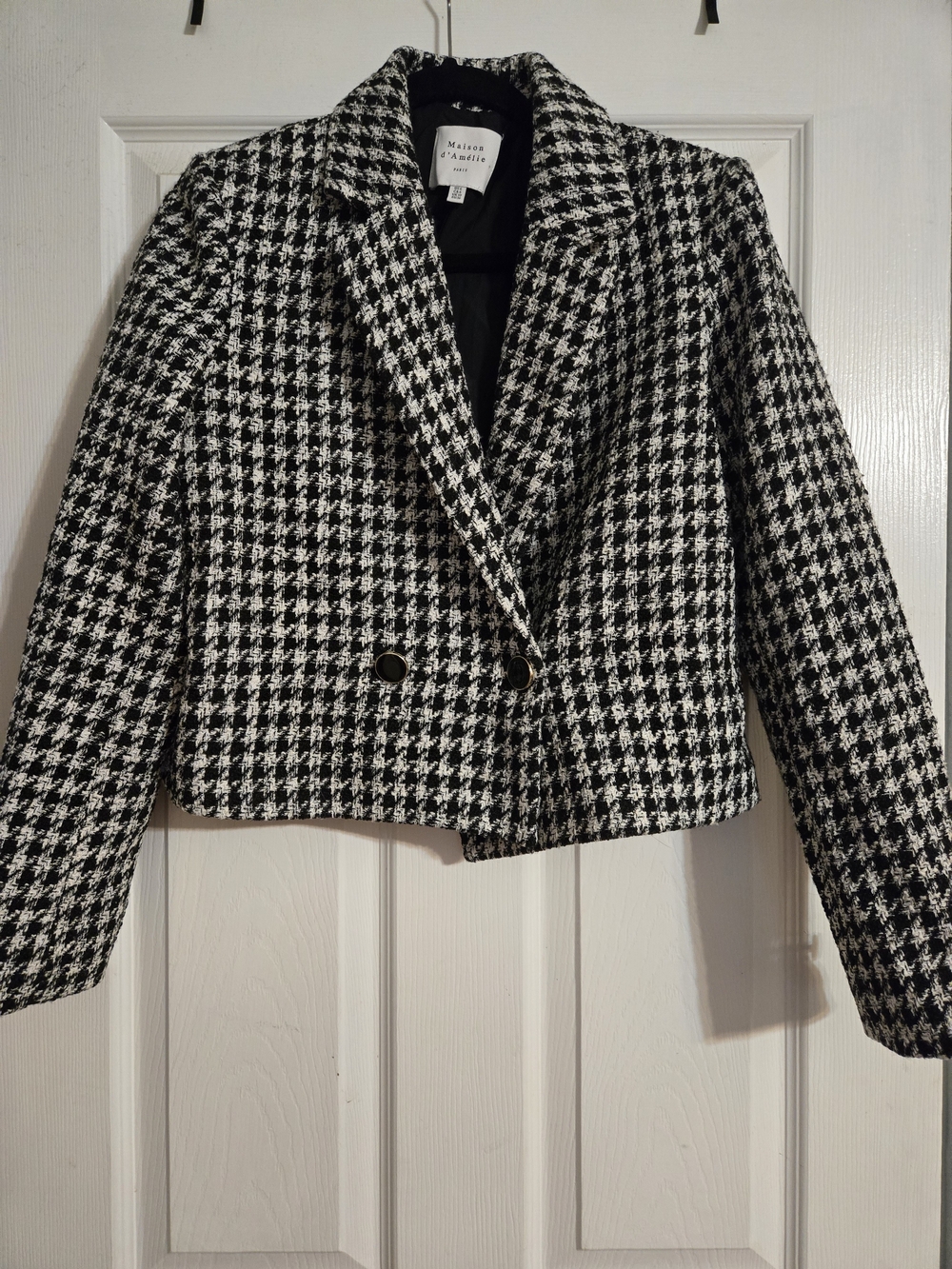 Maison Jules Cropped Houndstooth Blazer - Black & White